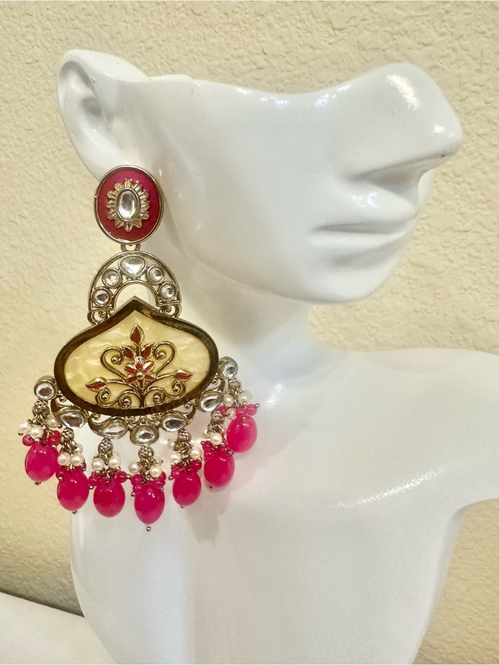 Gold-Plated Pink Beaded Chandbali Earrings